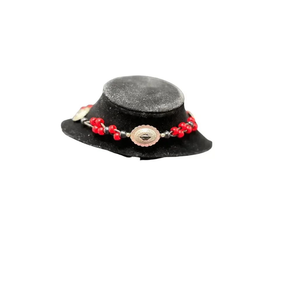 Vintage Womens Black & Red Beaded Boho Rodeo Concho Cowgirl Necklace 31" - Picture 4 of 5